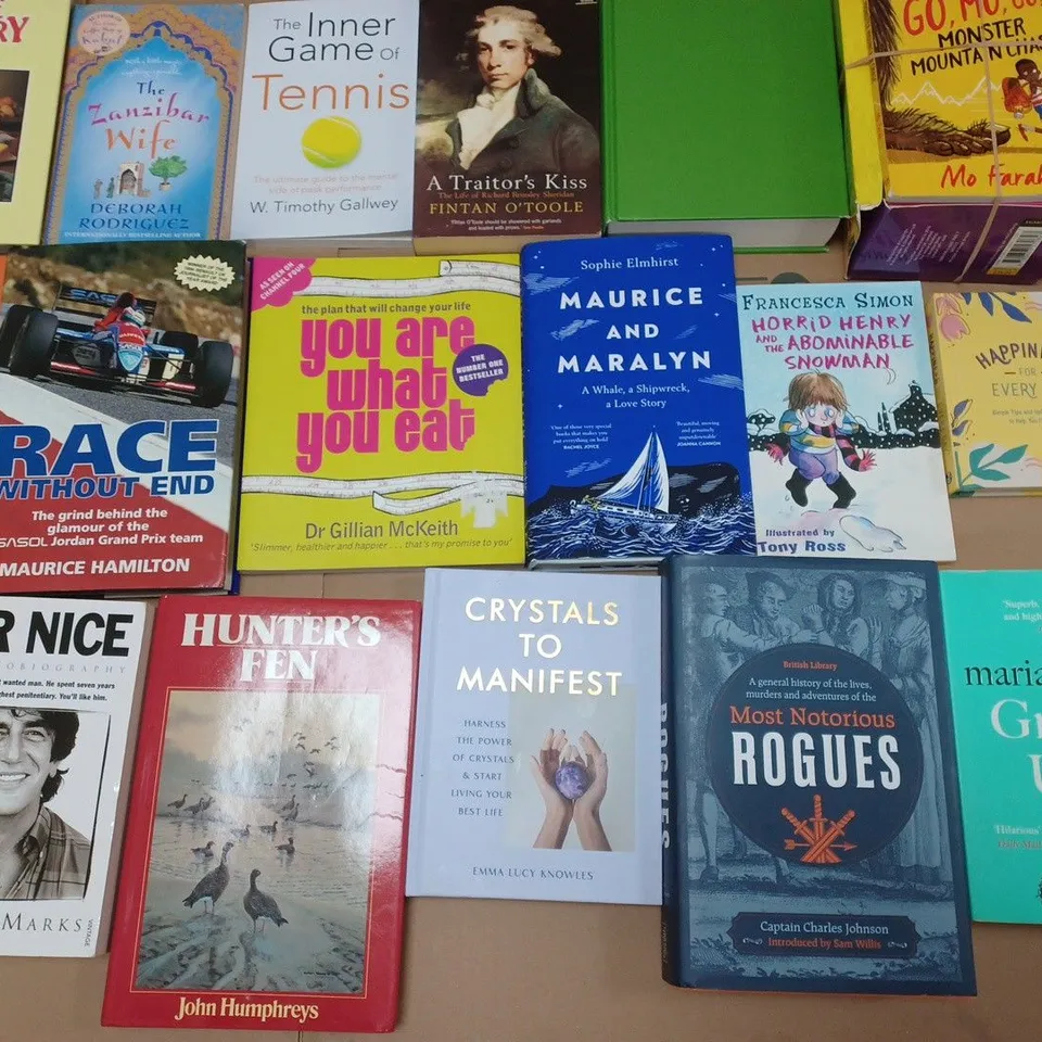 LARGE QUANTITY OF ASSORTED BOOKS TO INCLUDE CRYSTALS TO MANIFEST, ANT MIDDLETON MENTAL FITNESS AND CLASSIC CAKE AND BISCUITS