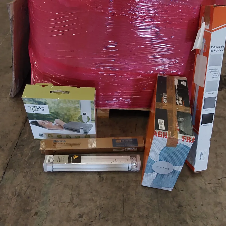 PALLET OF ASSORTED ITEMS INCLUDING: ELECTRIC BLANKET, PEDESTAL FAN, RETRACTABLE SAFETY GATE, LED INTEGRATED LIGHT FIXTURE, ROLLER BLINDS