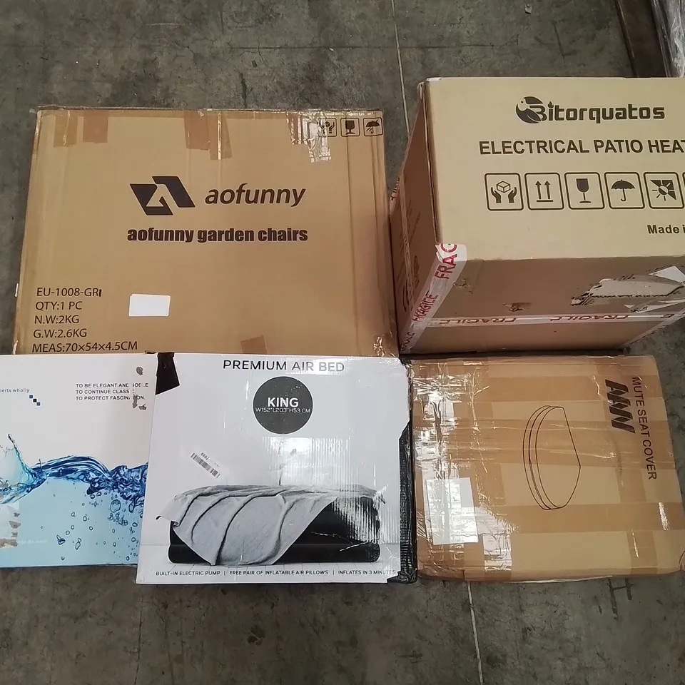 PALLET OF ASSORTED ITEMS INCLUDING ELECTRICAL PATIO HEATER, TOILET SEAT, PREMIUM KING AIR BED, PICTURE FRAME