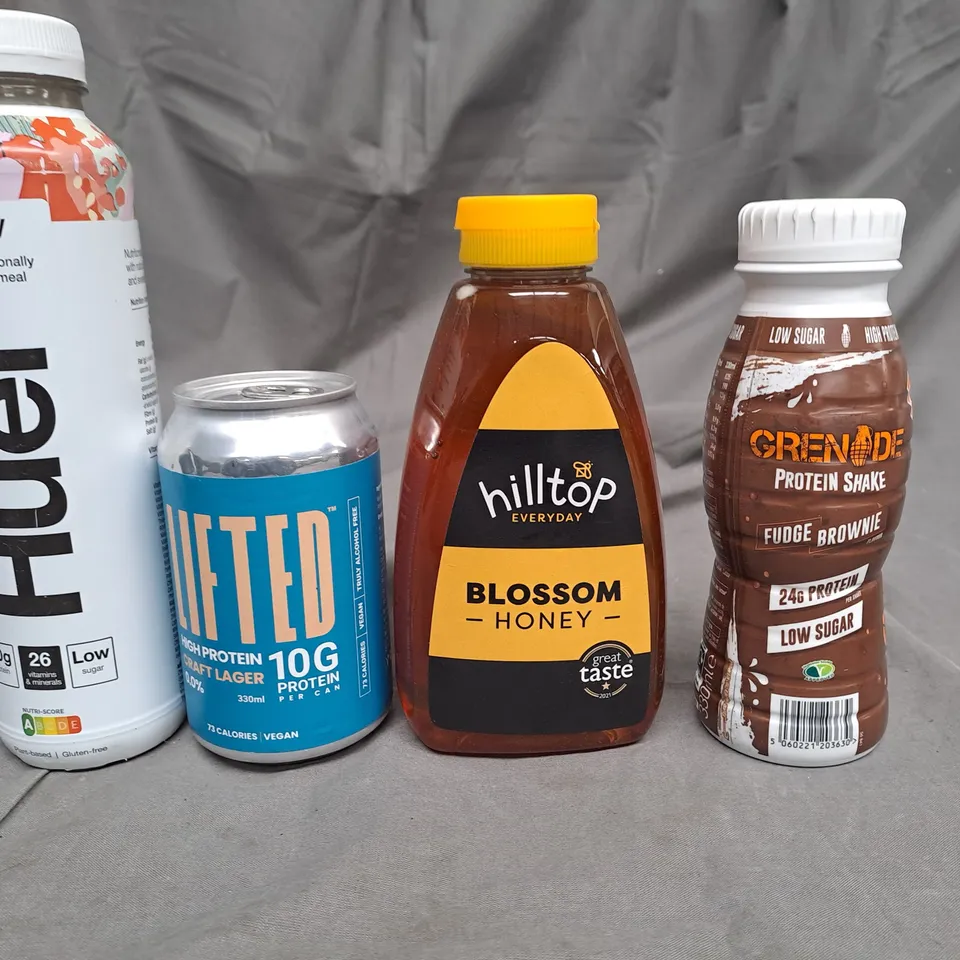BOX OF APPROXIMATELY 10ITEMS TO INCLUDE BLOSSOM HONEY, HUEL DRINK, GENADE PROTEIN SHAKE ETC