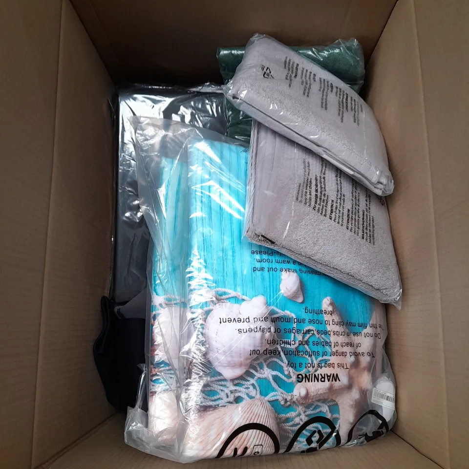 LARGE BOX OF ASSORTED HOUSEHOLD ITEMS TO INCLUDE TOWELS, DIVING SUIT