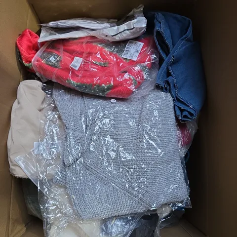 LARGE BOX OF ASSORTED CLOTHING ITEMS IN VARIOUS SIZES, STYLES AND COLOUR 