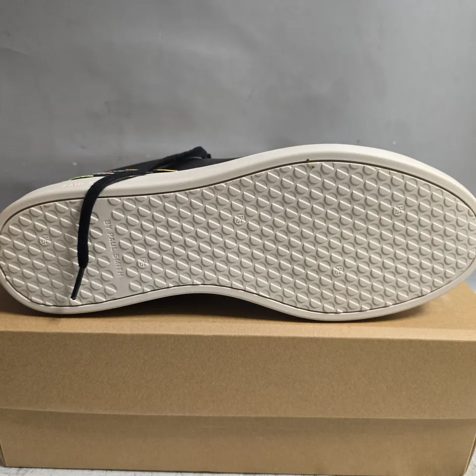 BOXED PAIR OF PAUL SMITH REX BLACK LEATHER TRAINERS - UK 10