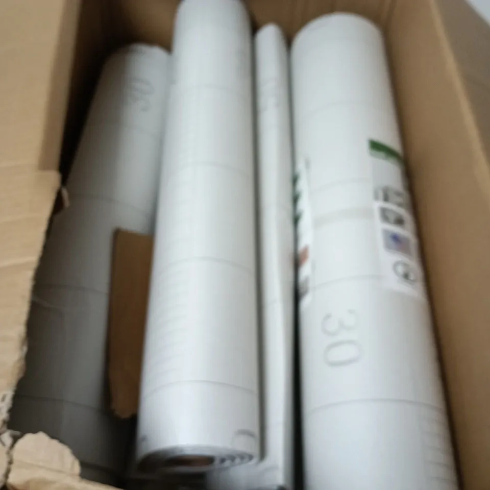 BOX CONTAINING APPROXIMATELY 7 ROLLS OF SELF ADHESIVE COILED WALL STICKERS. SOME NEW SOME ALREADY USED.