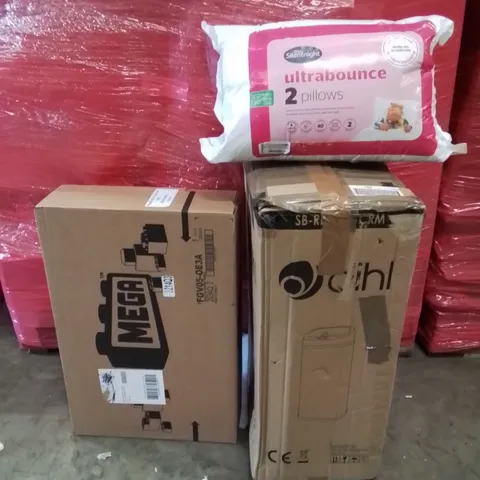 PALLET OF ASSORTED HOUSEHOLD PRODUCTS AND ITEMS TO INCLUDE;50L SENSOR BIN,MEGA BLOCKS LEARNING TABLE,SILENT NIGHT ULTRABOUNCE 