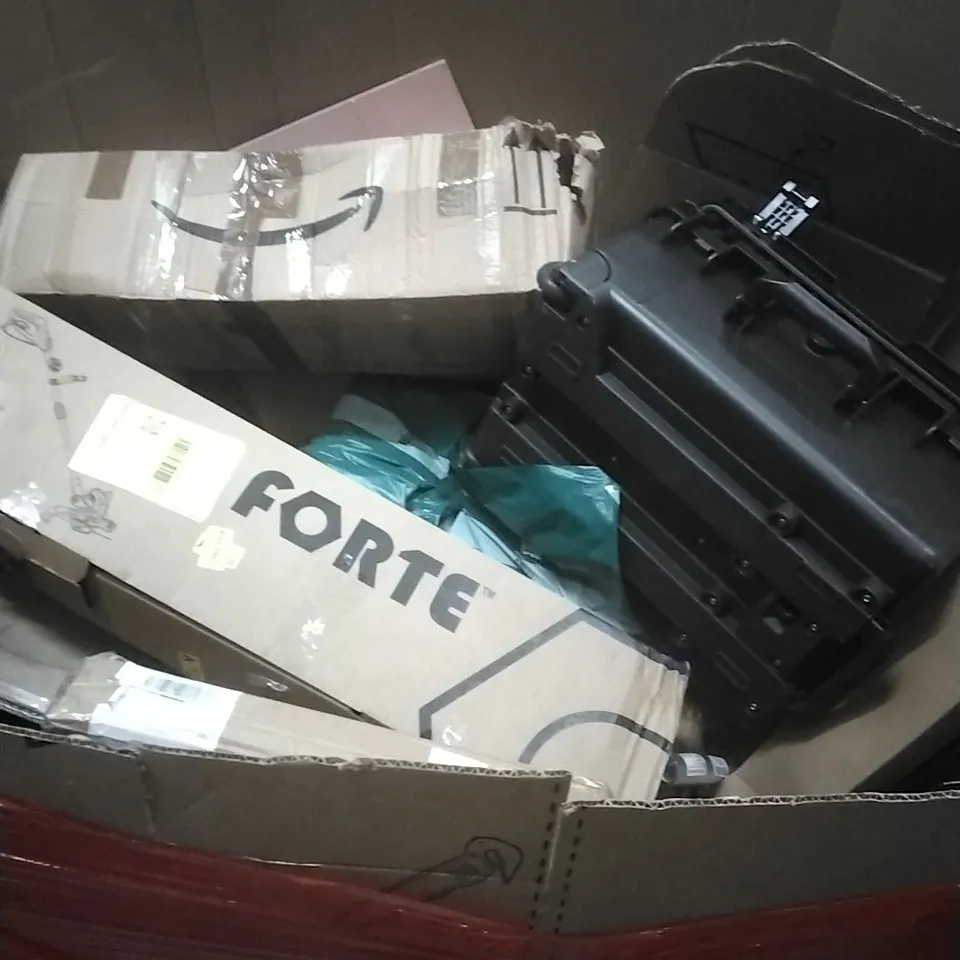 PALLET OF ASSORTED HOUSEHOLD GOODS AND PRODUCTS TO INCLUDE; ELECTRIC GRASS TRIMMER, BOXED FURNITURE ETC