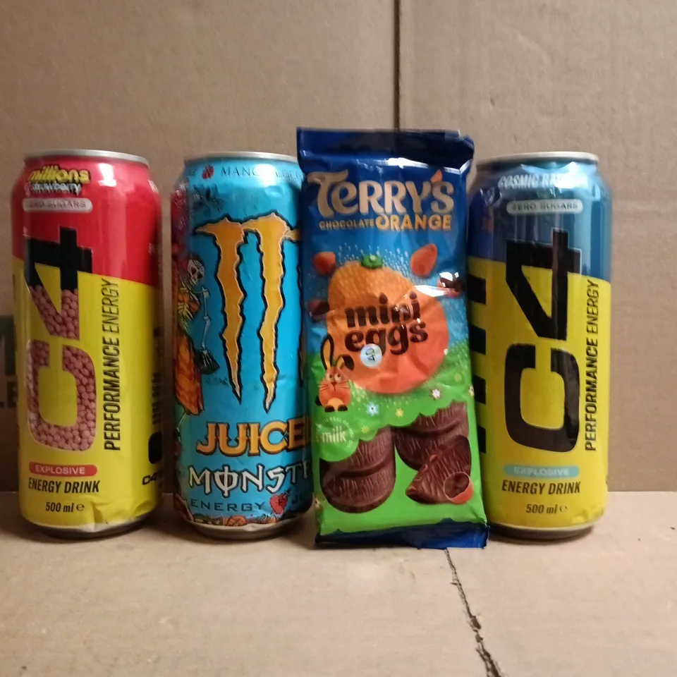 APPROXIMATELY 10 ASSORTED FOOD AND DRINK ITEMS TO INCLUDE MONSTER, C4, ETC