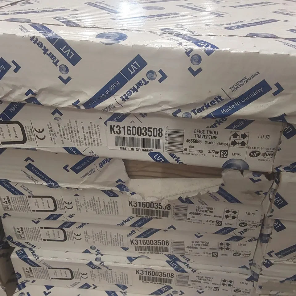 PALLET CONTAINING APPROXIMATELY 53x PACKS OF BRAND NEW TARKETT BEIGE TIVOLI TRAVERTINE LUXURY VINYL TILES - 3.72M²