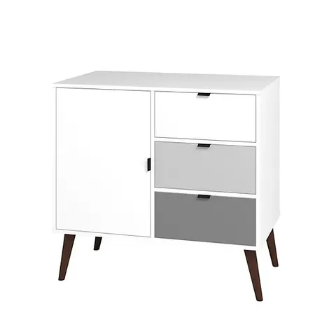 BRAND NEW BOXED OUT & OUT BOSTON WHITE SIDEBOARD WITH GREY ACCENT DRAWERS - 85cm X 44.5cm X 90cm