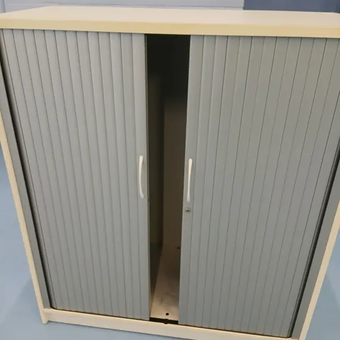 LOUVRED CUPBOARD WITH PALE BLUE DOORS AND WHITE FRAME