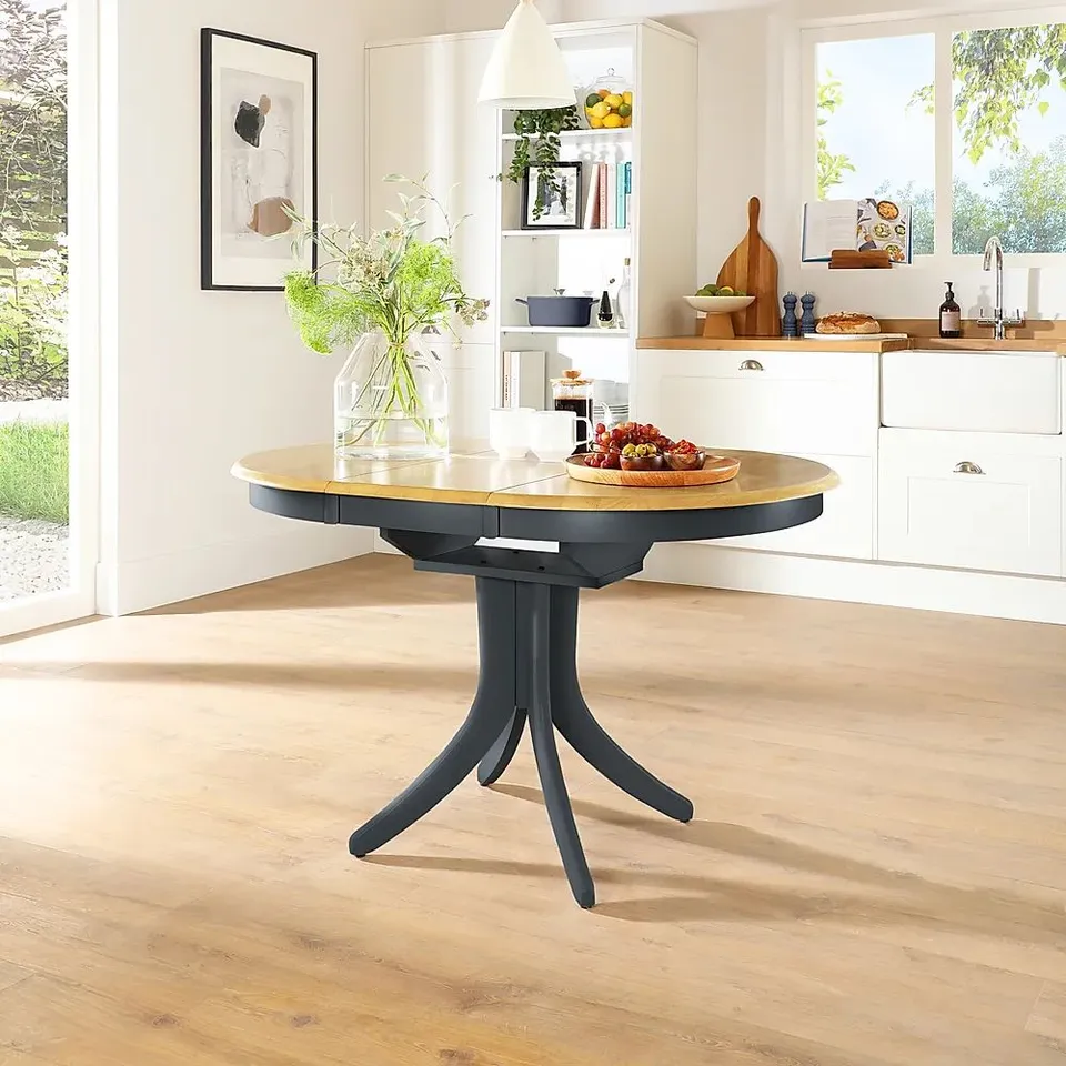 BOXED HUDSON ROUND EXTENDING DINING TABLE, 90-120cm, NATURAL OAK FINISH & SLATE BLUE SOLID HARDWOOD (1 BOX)