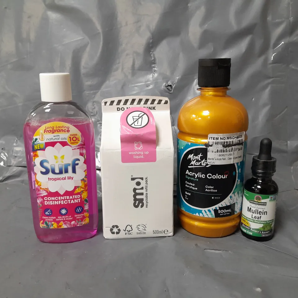 BOX OF APPROXIMATELY 15 ASSORTED ITEMS TO INCLUDE - SURF DISINFECTANT , SMOL WASHING UP LIQUID , ARCYLIC COLOUR ETC