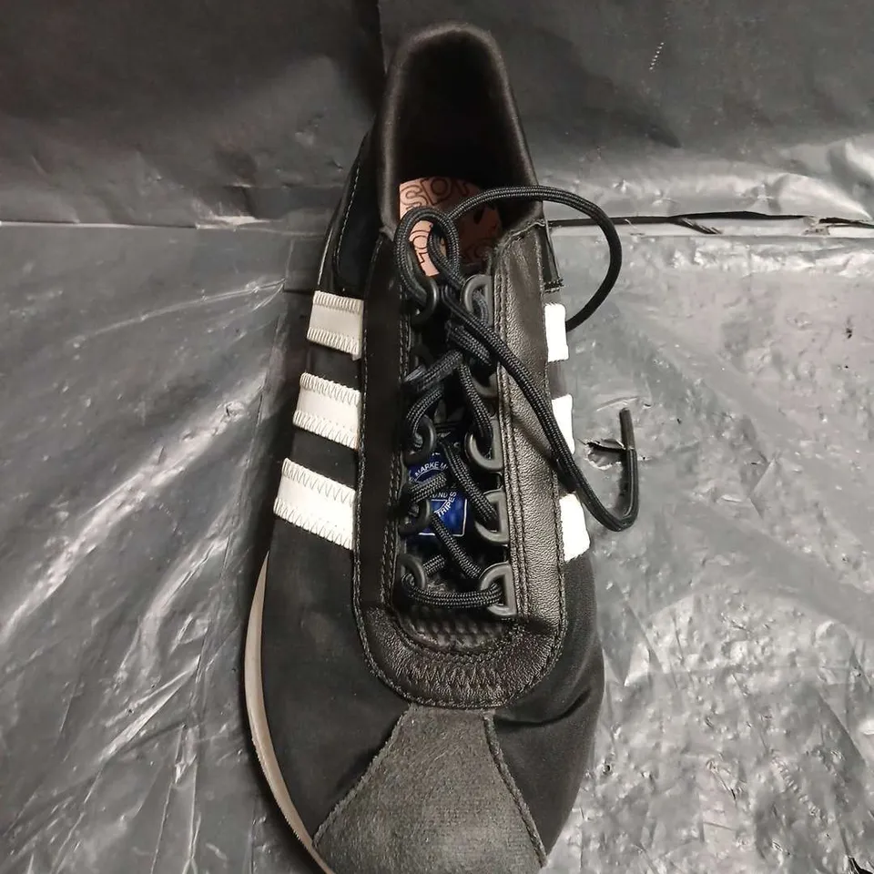 ADIDAS TRAINERS – BLACK WITH WHITE THREE-STRIPE DESIGN - UK SIZE 7