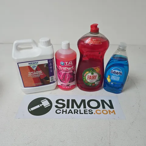 APPROXIMATELY 8 ASSORTED LARGE LIQUIDS TO INCLUDE FAIRY CLEAN & FRESH, TRIPART BLOOM, NIKWAX TENT & GEAR SOLARPROOF, ETC