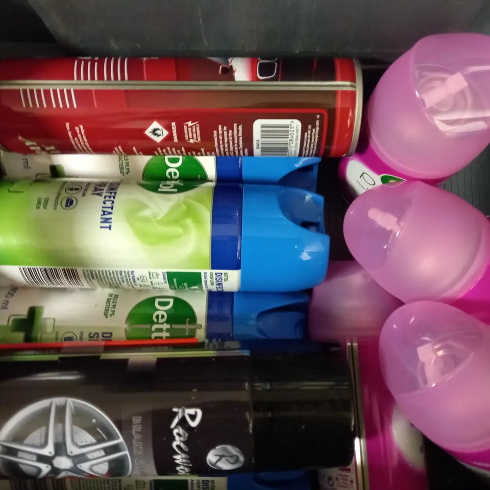 BOX OF APPROX 15 ASSORTED AEROSOLS INCLUDING DETTOL DISINFECTANT SPRAY, AIRWICK PURE AIR FRESHENER AND CARPRIDE SPRAY WAX - COLLECTION ONLY