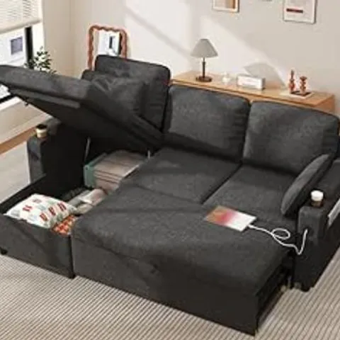 BOXED DURASPACE SOFA BED, SLEEPER SOFA COUCH WITH PULLOUT BED FOR LIVING ROOM, L SHAPED COUCH WITH STORAGE CHAISE, USB, CUP HOLDER, DARK GRAY (3 BOXES)