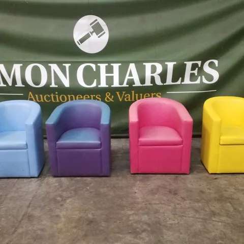 SET OF 4 BISTRO/CAFÉ LEATHER LOUNGE BUCKET CHAIRS - YELLOW, PINK, PURPLE & BLUE