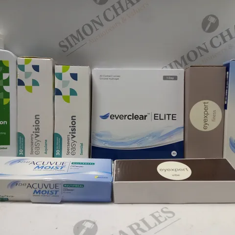 BOX OF APPROX 25 ASSORTED CONTACT LENSES AND CONTACT LENSE SOLUTIONS