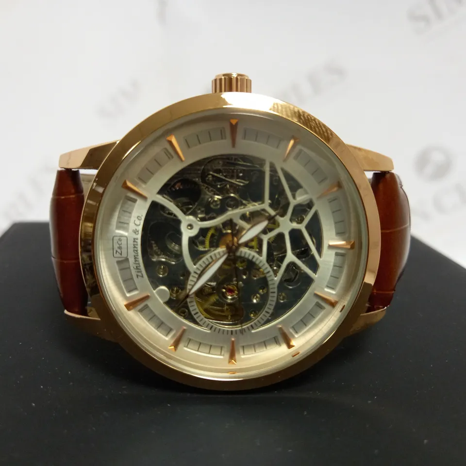 ZIHLMANN & CO SKELETON BROWN LEATHER STRAP WATCH RRP £520