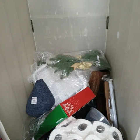 CAGE OF APPROXIMATELY 20 ASSORTED HOUSEHOLD ITEMS INCLUDING LARGE PACK OF TOILET ROLL , CHRISTMAS TREE COLLAR AND HARRIS TWEED DOOR STOP
