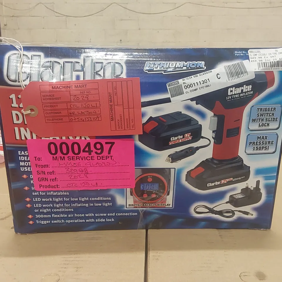 BOXED CLARKE CTC150LI 12V CORDLESS DIGITAL TYRE INFLATOR (LITHIUM-ION)