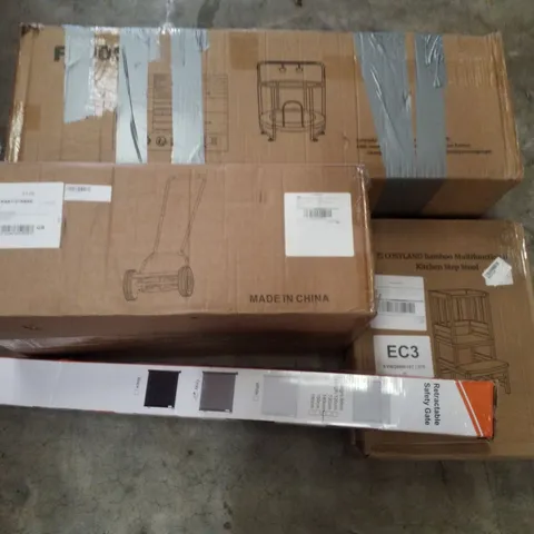 PALLET CONTAINING ASSORTED PRODUCTS INCLUDING RETRACTABLE SAFETY GATE, KITCHEN STEP STOOL, MANUAL LAWN MOWER & TRAMPOLINE