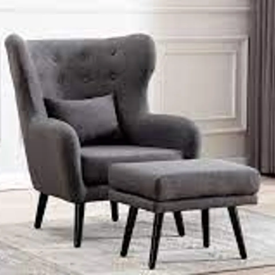 BOXED DESIGNER WINSLOW GREY FABRIC ACCENT CHAIR & FOOTSTOOL 