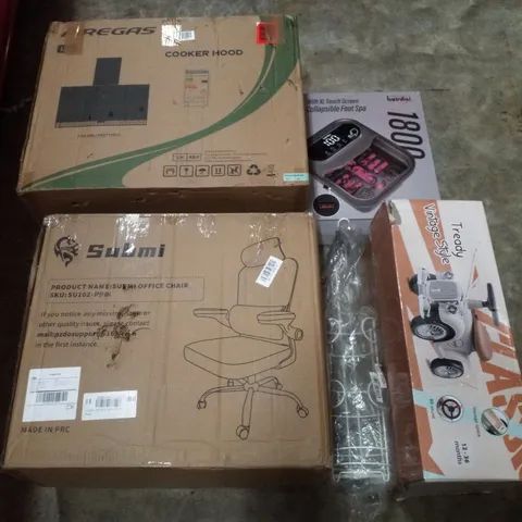 PALLET CONTAINING ASSORTED PRODUCTS INCLUDING COOKER HOOD, FOOT SPA, OFFICE CHAIR, TOILET ROLL HOLDER & TREADY VINTAGE STYLE RIDE-ON CAR