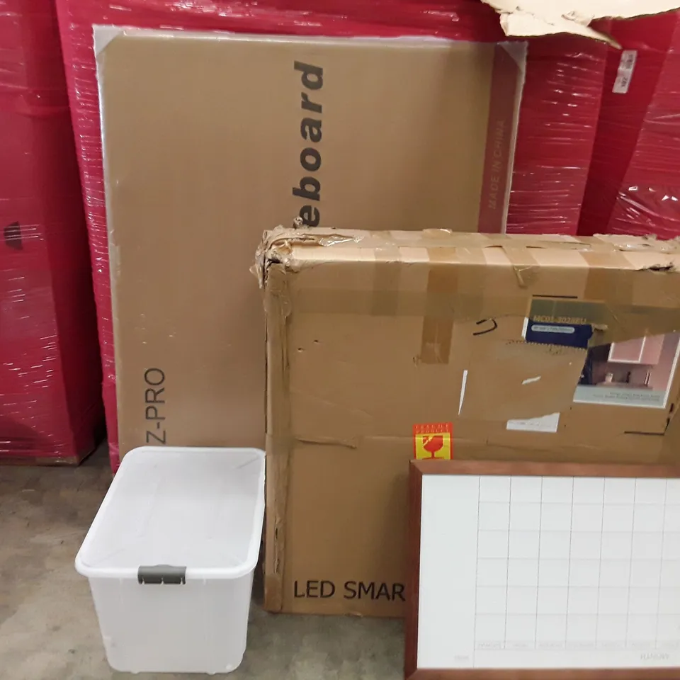 PALLET TO CONTAIN AN ASSORTMENT OF HOUSEHOLD ITEMS TO INCLUDE LED SMART MIRROR, WHITE BOARDS AND STORAGE BOXES ECT
