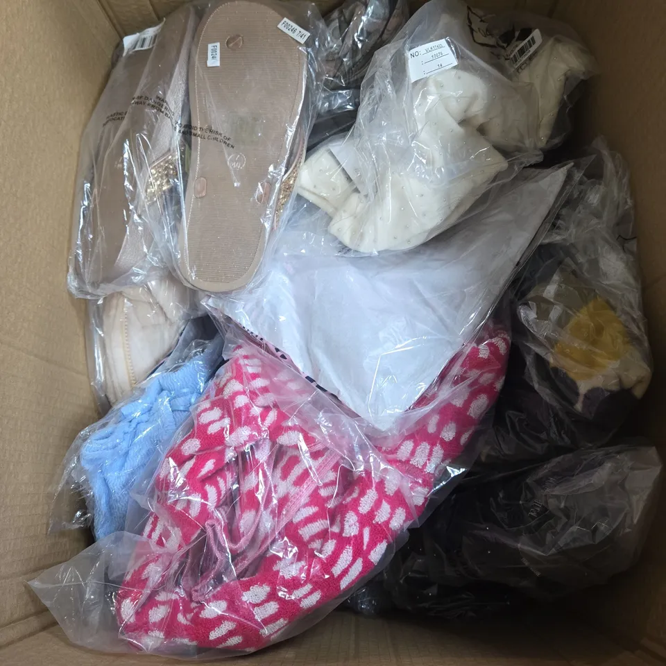 BOX OF APPROXIMATELY 25 ASSORTED CLOTHING ITEMS IN VARIOUS STYLES , COLOURS AND SIZES