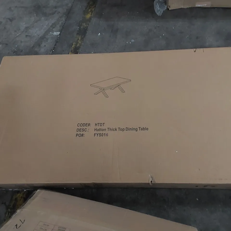 BOXED HATTON THICK TOP DINING TABLE - INCOMPLETE, BOX 1 OF 2 ONLY