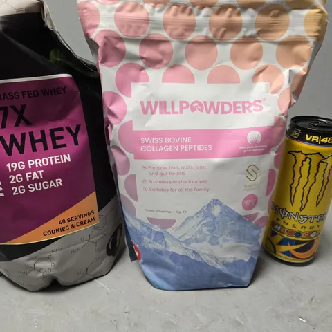 APPROXIMATELY 7 ASSORTED FOOD & DRINK ITEMS TO INCLUDE - MONSTER THE DOCTOR , MYOBAND 7X WHEY COOKIES & CREAM ETC