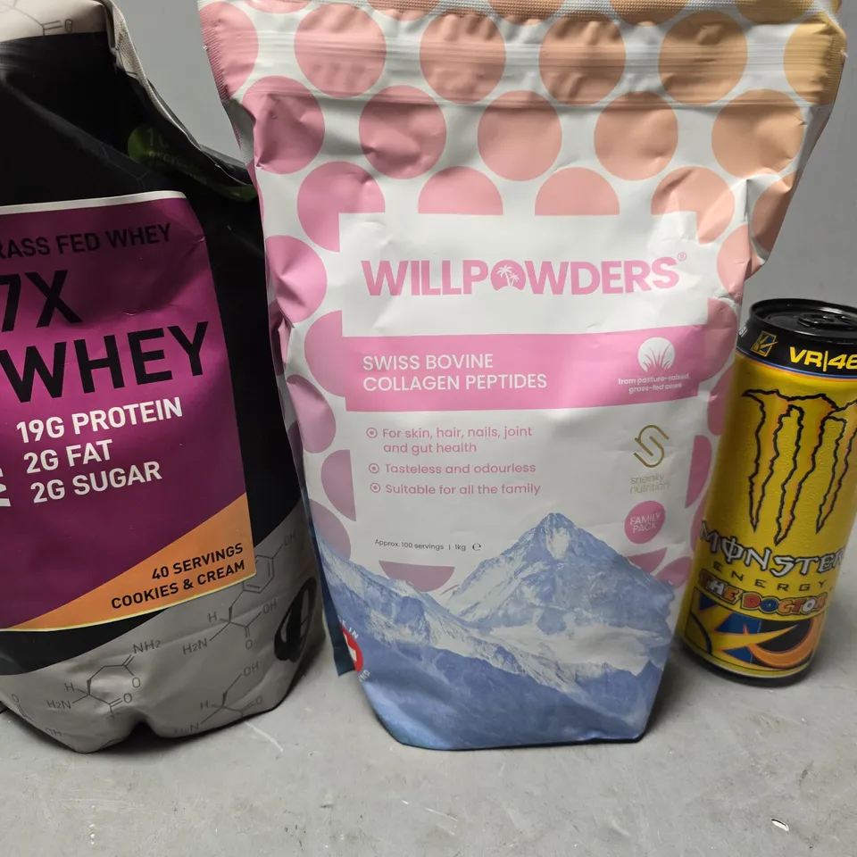 APPROXIMATELY 7 ASSORTED FOOD & DRINK ITEMS TO INCLUDE - MONSTER THE DOCTOR , MYOBAND 7X WHEY COOKIES & CREAM ETC