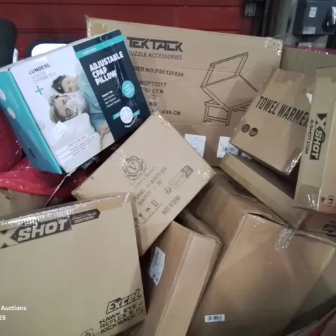 PALLET CONTAINING VARIOUS ASSORTED PRODUCTS INCLUDING: KIDS X-SHOTS TOY GUNS, TOWEL WARMER, ADJUSTABLE CPAP PILLOW, CHINA CROCKERY SET AND LOTS MORE UNMARKED BOXED ITEMS 