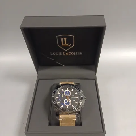 MENS LOUIS LACOMBE CHRONGRAPH WATCH β 3 SUB DIALS β BLACK CASE β LEATHER STRAP