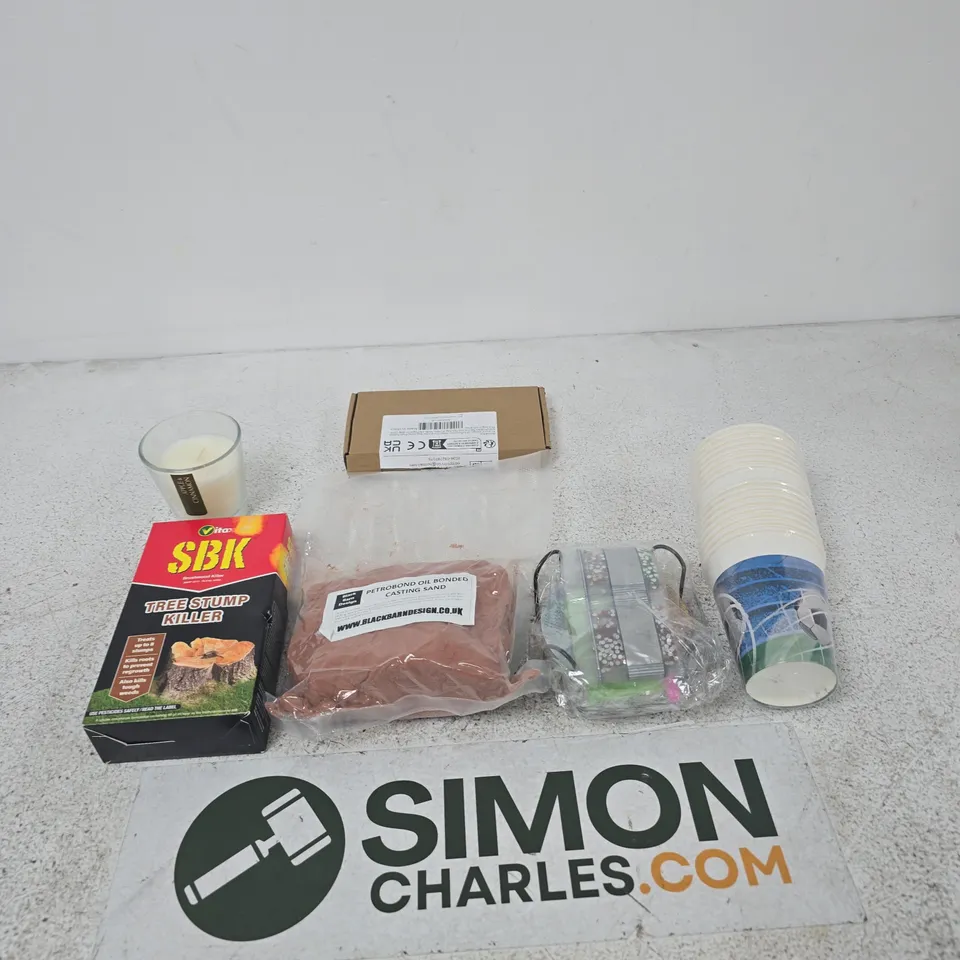 APPROXIMATELY 30 ASSORTED ITEMS INCLUDING VITAX SBK TREE STUMP KILLER, AN APPLE AND CINNAMON CANDLE AND BLACK BARN DESIGN PETROBOND OIL BONDED CASTING SAND