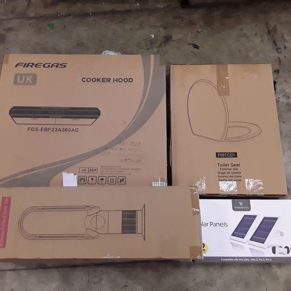 PALLET OF ASSORTED PRODUCTS INCLUDING COOKER HOOD, TOILET SEAT, BLADELESS PURIFIER, SOLAR PANELS
