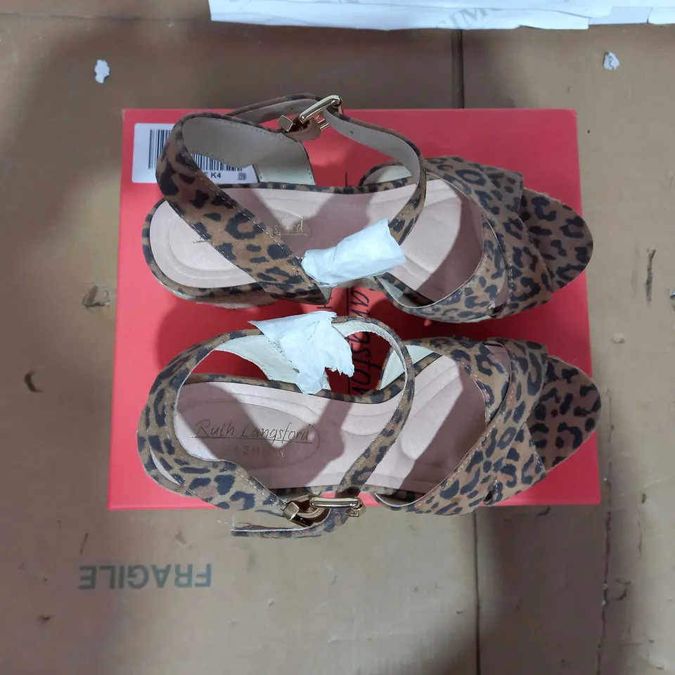 BOXED RUTH LANGSFORD WEDGE SANDALS, LEOPARD, UK 4