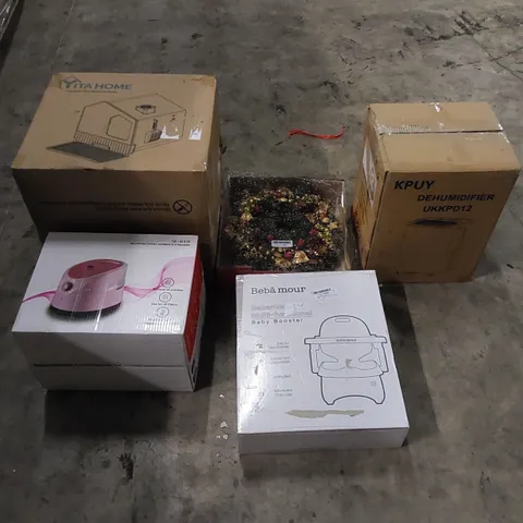 PALLET TO CONTAIN ASSORTED HOUSEHOLD ITEMS AND CONSUMER PRODUCTS. INCLUDING DEHUMIDIFIER, BABY BOOSTER, GARMENT STEAMER, CAT LITTER BOX, UNDER BLANKET ETC