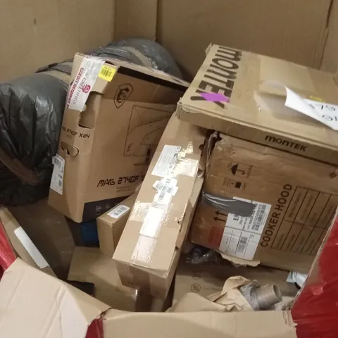 PALLET OF ASSORTED HOUSEHOLD GOODS AND PRODUCTS TO INCLUDE; COOKER HOOD, TV WALL MOUNT, ELECTRIC BLOWER AND VACUUM ETC