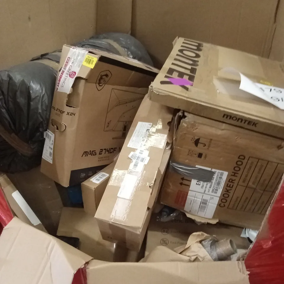 PALLET OF ASSORTED HOUSEHOLD GOODS AND PRODUCTS TO INCLUDE; COOKER HOOD, TV WALL MOUNT, ELECTRIC BLOWER AND VACUUM ETC