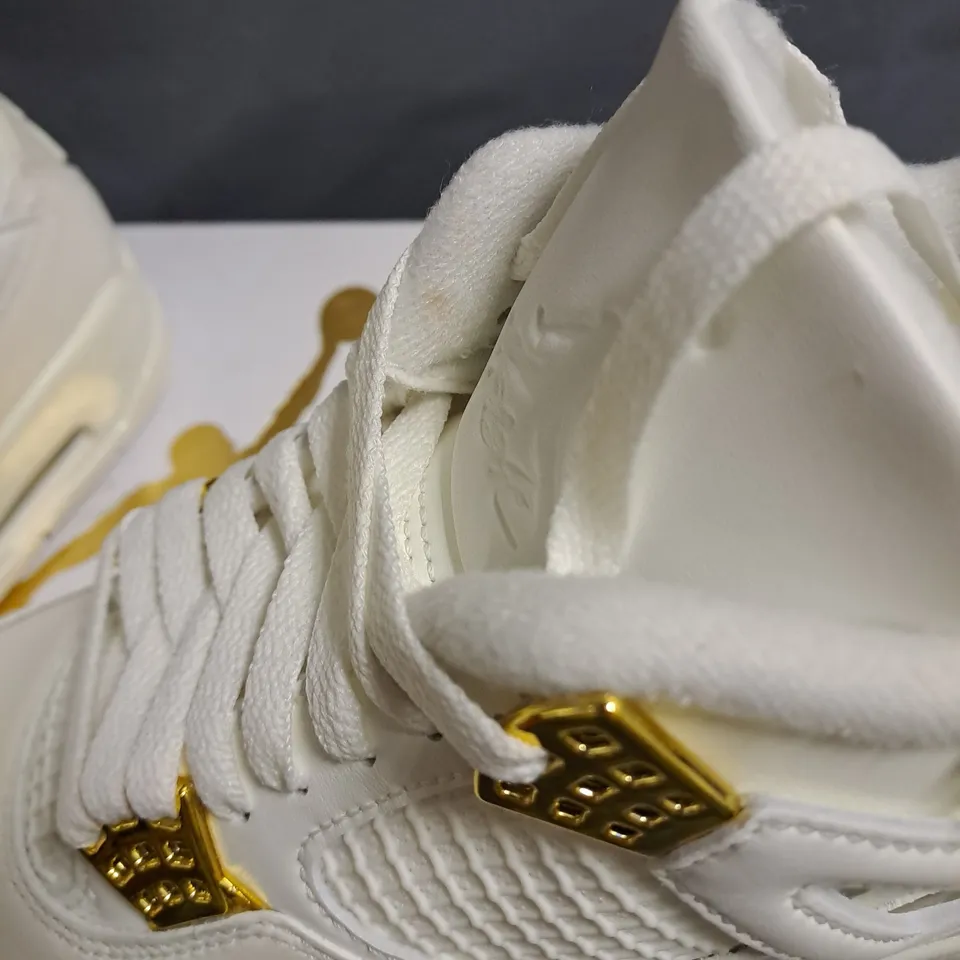 BOXED PAIR OF JORDAN 4 RETRO IN METALLIC GOLD/WHITE SIZE WOMENS UK 5.5