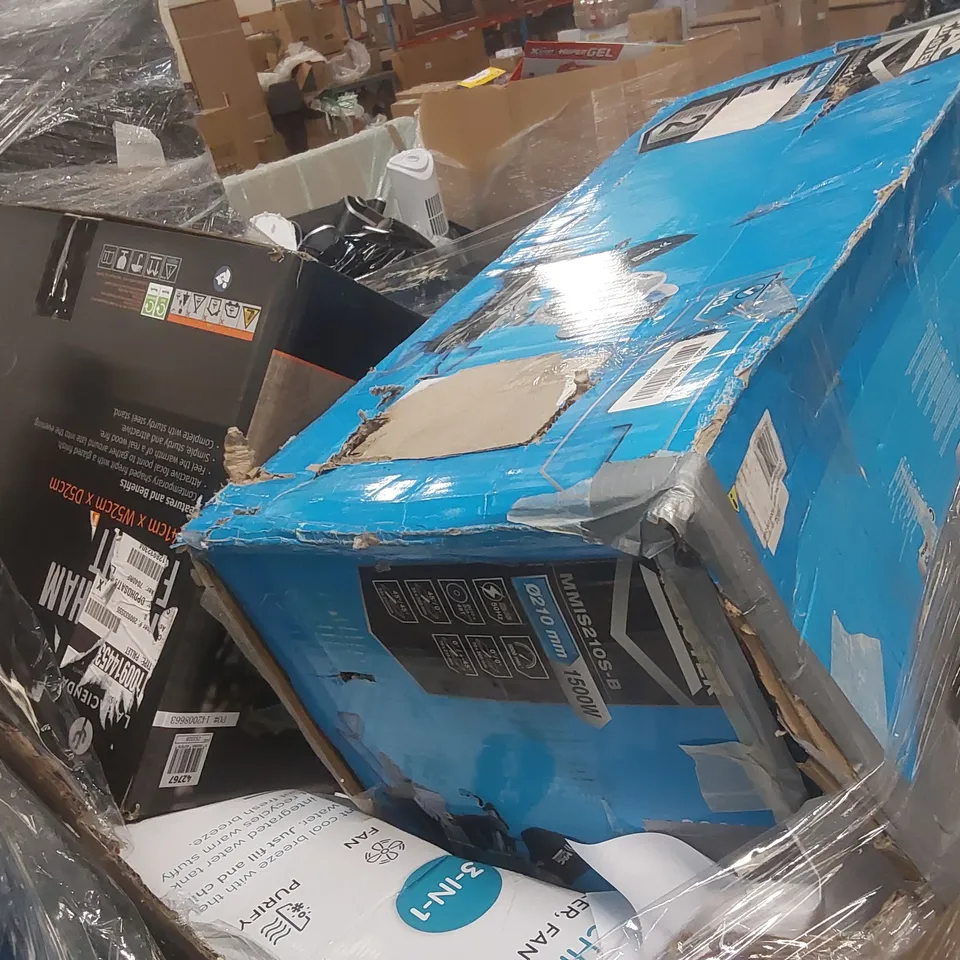 PALLET CONTAINING A VERY LARGE QUANTITY OF ASSORTED ITEMS INCLUDING: MAC ALLISTER SLIDING METRE SAW, AIR COOLERS, TOWER FANS ECT