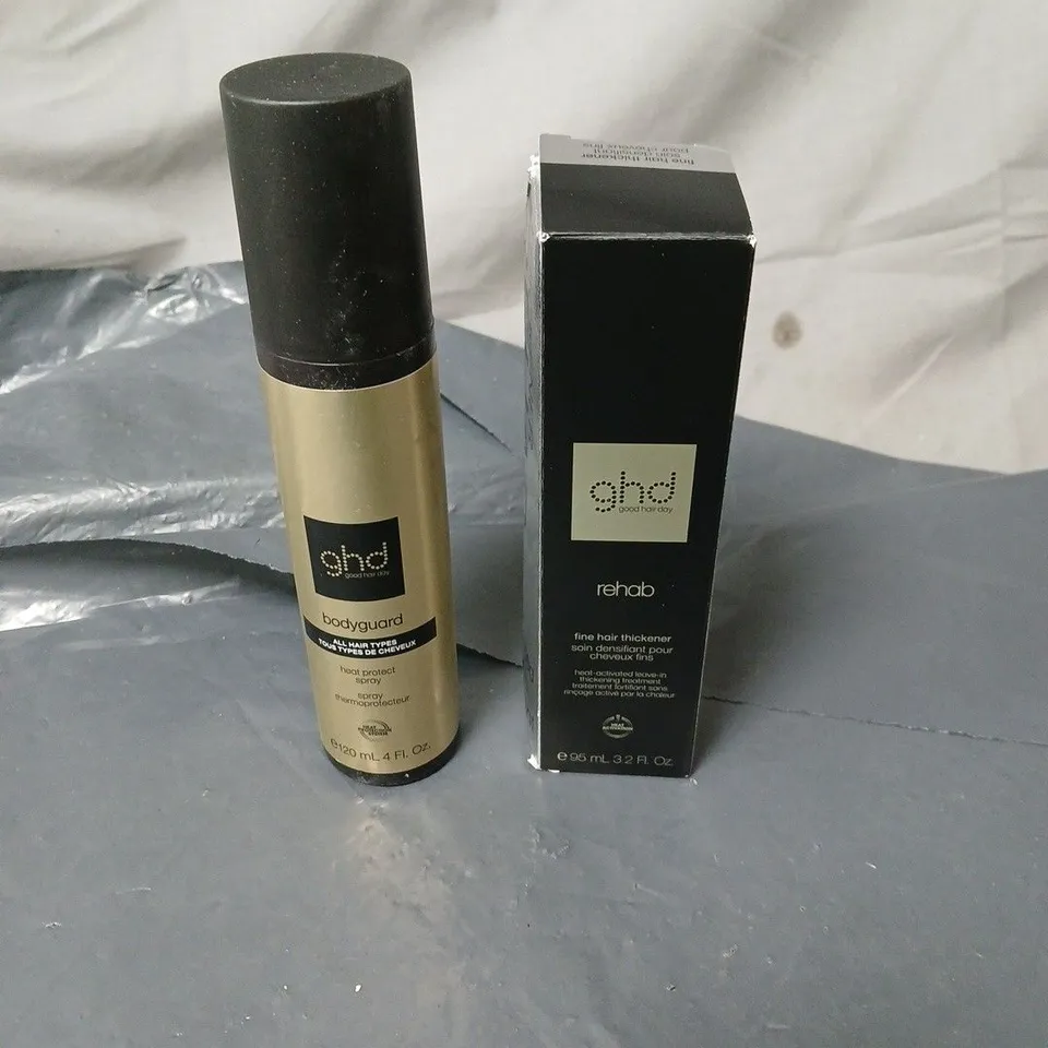 GHD 2 PRODUCTS: REHAB HAIR THICKENER 95ML + BODYGUARD HEAT PROTECT SPRAY 120ML UNBOXED