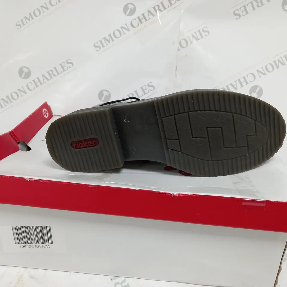 BOXED PAIR OF RIEKER LACE UP BOOTS IN BLACK - SIZE 7.5