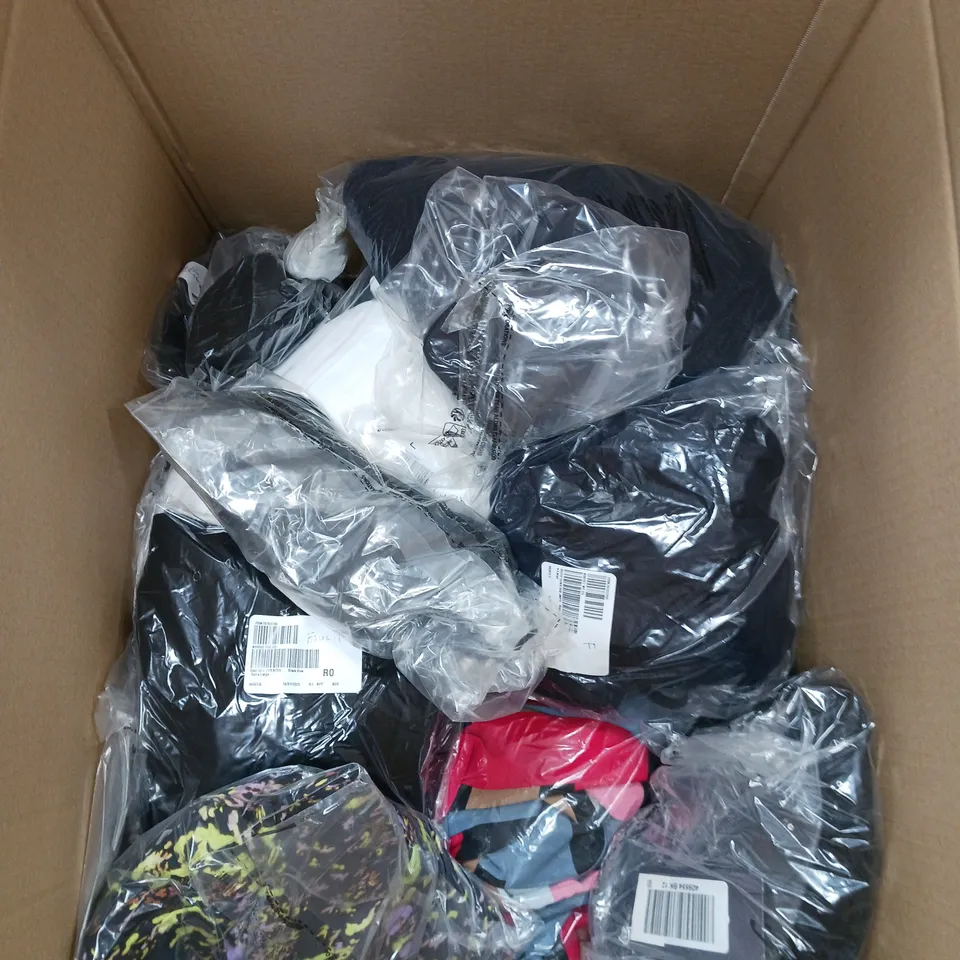 BOX OF APPROXIMATELY 10 ASSORTED CLOTHING ITEMS IN VARIOUS STYLES, COLOURS AND SIZES