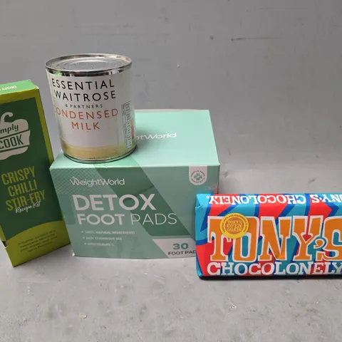 APPROXIMATELY 10 ASSORTED FOOD ITEMS TO INCLUDE - TONY'S CHOCOLATE BAR , WAITROSE CONDENSED MILK , SIMPLY COOK CRISPY CHILLI STIR FRY ETC