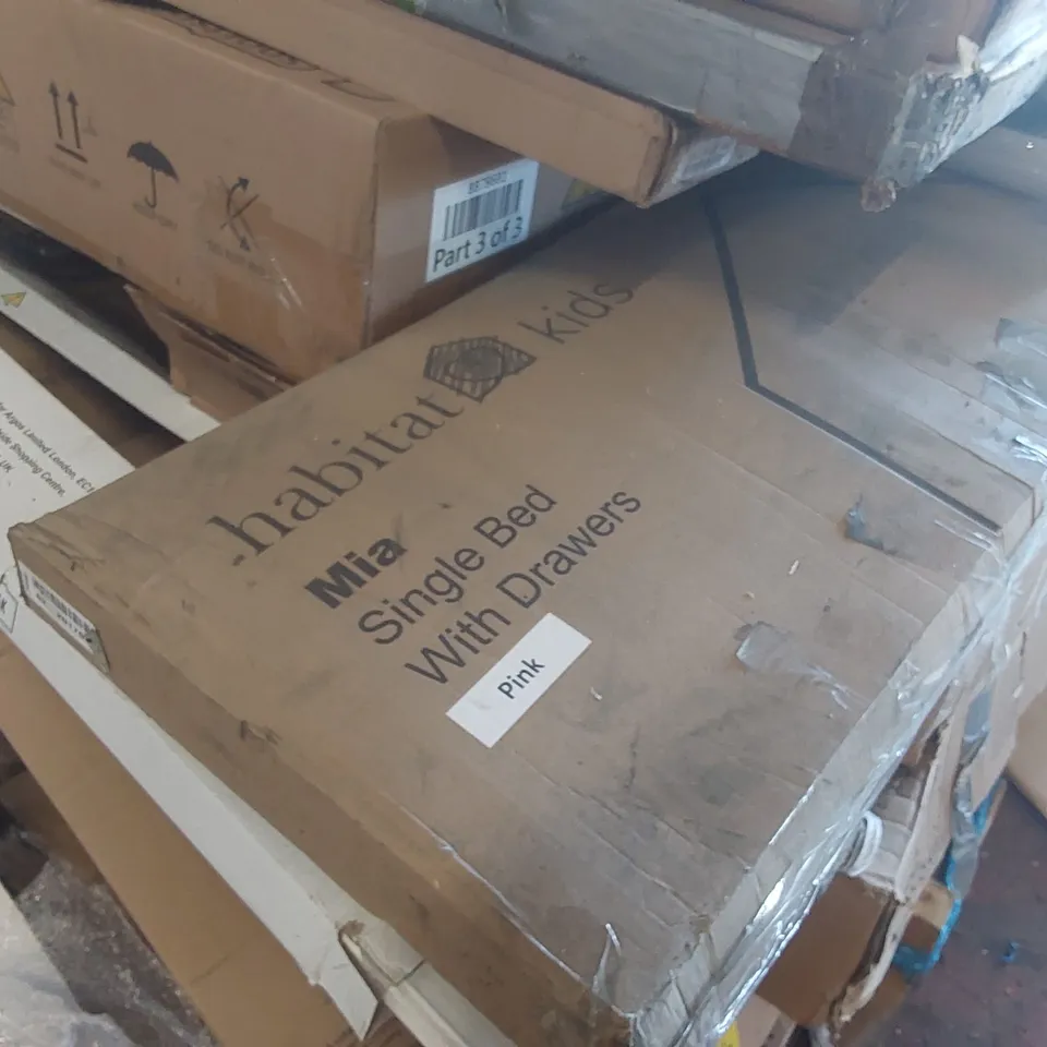PALLET CONTAINING A LARGE QUANTITY OF ASSORTED FURNITURE PARTS INCLUDING: KIDS BED, CABIN BED, UTILITY TRAINING BENCH ECT