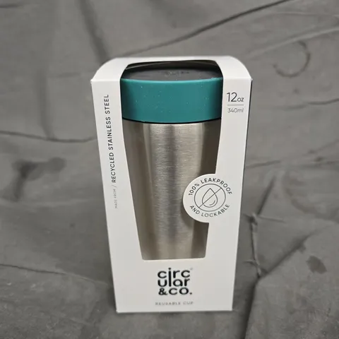 BOXED CIRCULAR & CO REUSABLE STAINLESS STEEL CUP – 340ML (12OZ) WITH TEAL LID