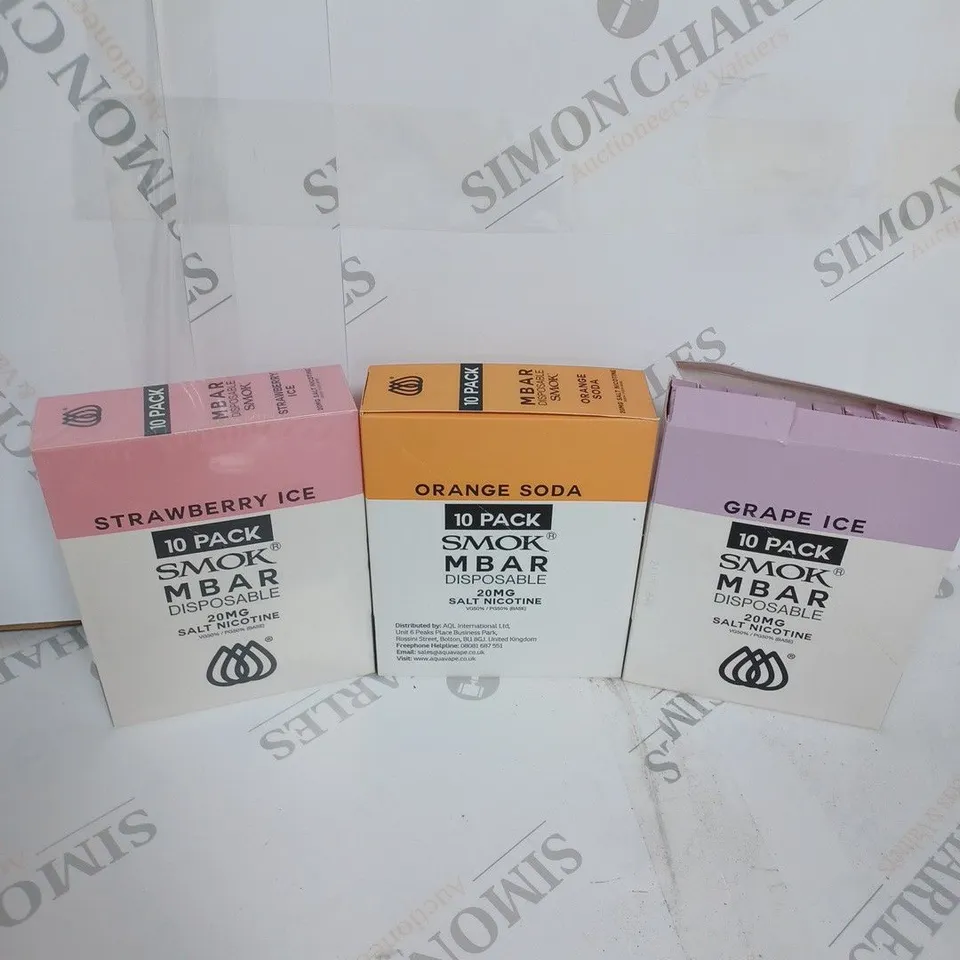 BOX OF APPROXIMATELY 10 BOXES OF STRAWBERRY ICE, ORANGE SODA AND GRAPCE ICE  10 PACK SMOK M BAR DISPOSABLE 20MG SALT NICOTINE